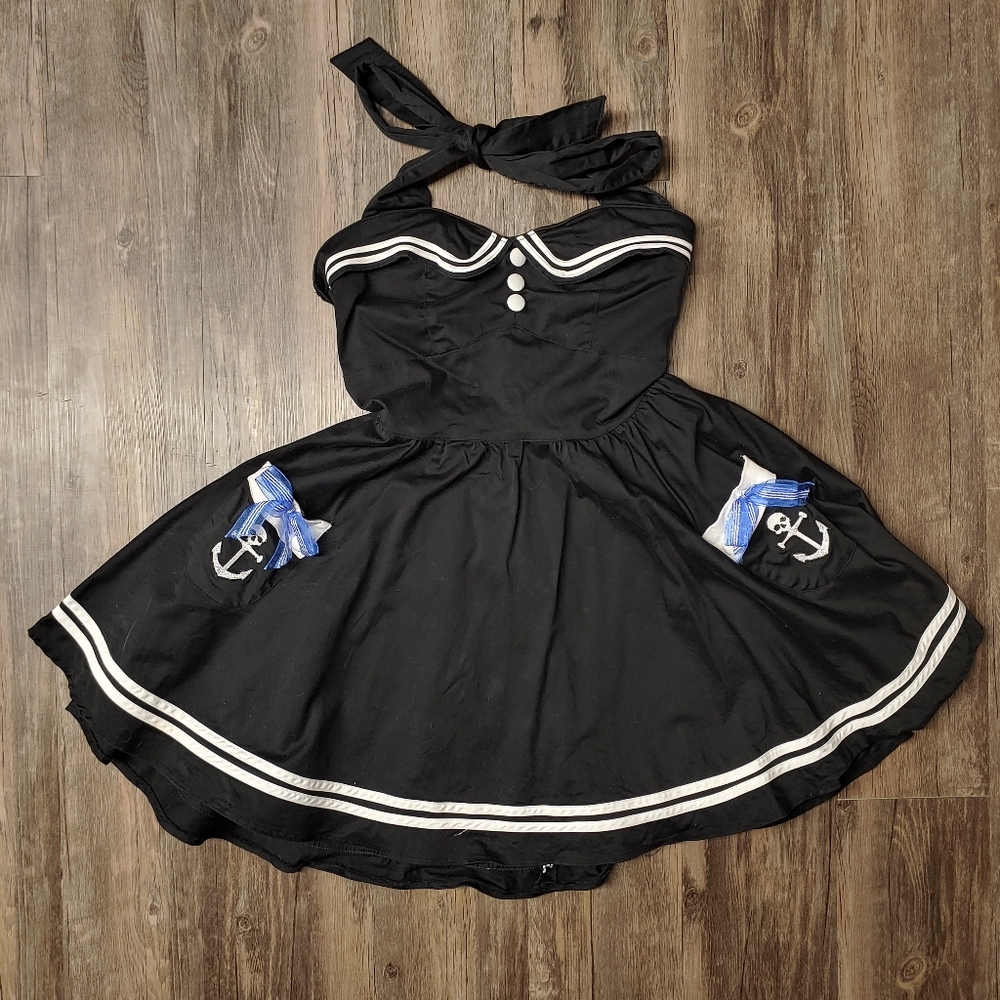 USED - Hell Bunny Black Nautical Sailor Dress - Goth - Alt - Rockabilly - Picture 3 of 10